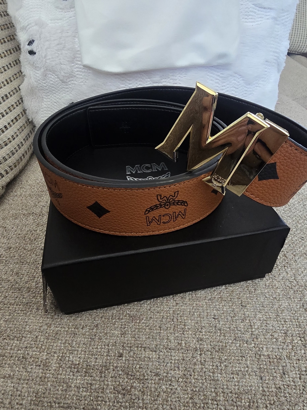 MCM Cognac Logo Belt with Gold M Buckle